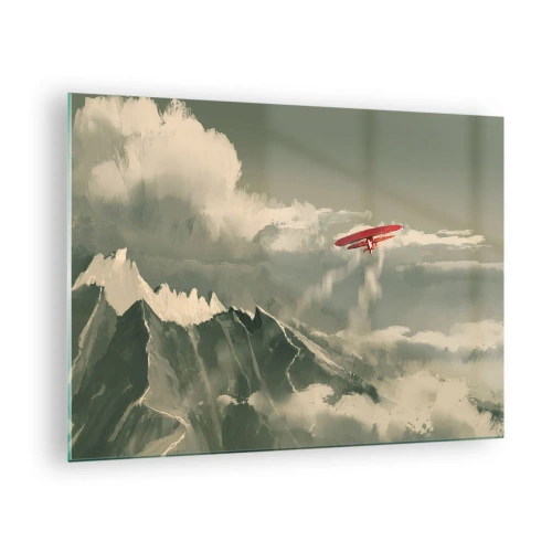 Glastavla - Bild på glas - Ett rött flygplan som flyger över snötäckta berg - 70x50cm - Orädd pionjär - Modern väggdekoration för vardagsrum och sovrum ARTTOR