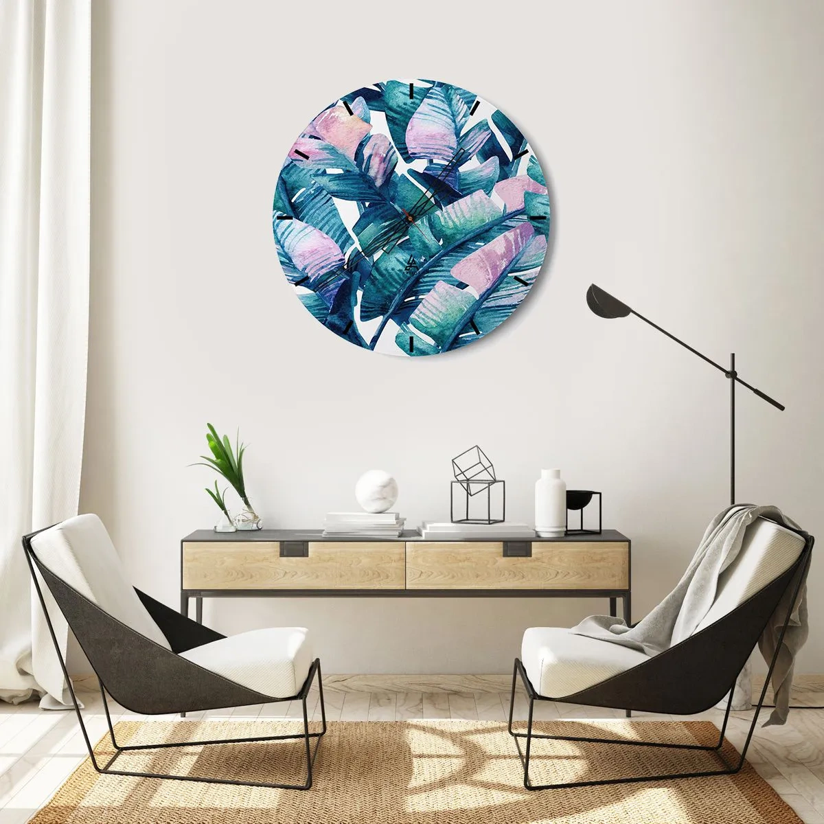 Väggklocka - Klocka på glas - Tropiska löv i nyanser av grönt och rosa - 30x30cm - I bananträdgård - Modern väggdekoration för vardagsrum, kök och sovrum ARTTOR
