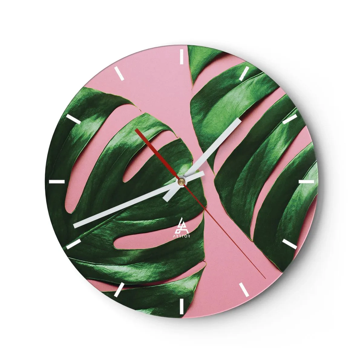 Väggklocka - Klocka på glas - Gröna monsterablad på en rosa bakgrund - 30x30cm - Grön rendez-vous - Modern väggdekoration för vardagsrum, kök och sovrum ARTTOR