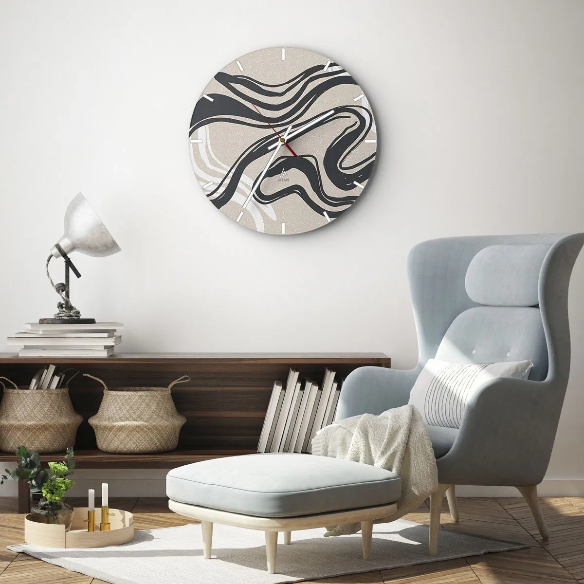 Väggklocka - Klocka på glas - Svarta kurvor på beige bakgrund i grafisk stil - 30x30cm - Mångfaldigt uttryck - Modern väggdekoration för vardagsrum, kök och sovrum ARTTOR