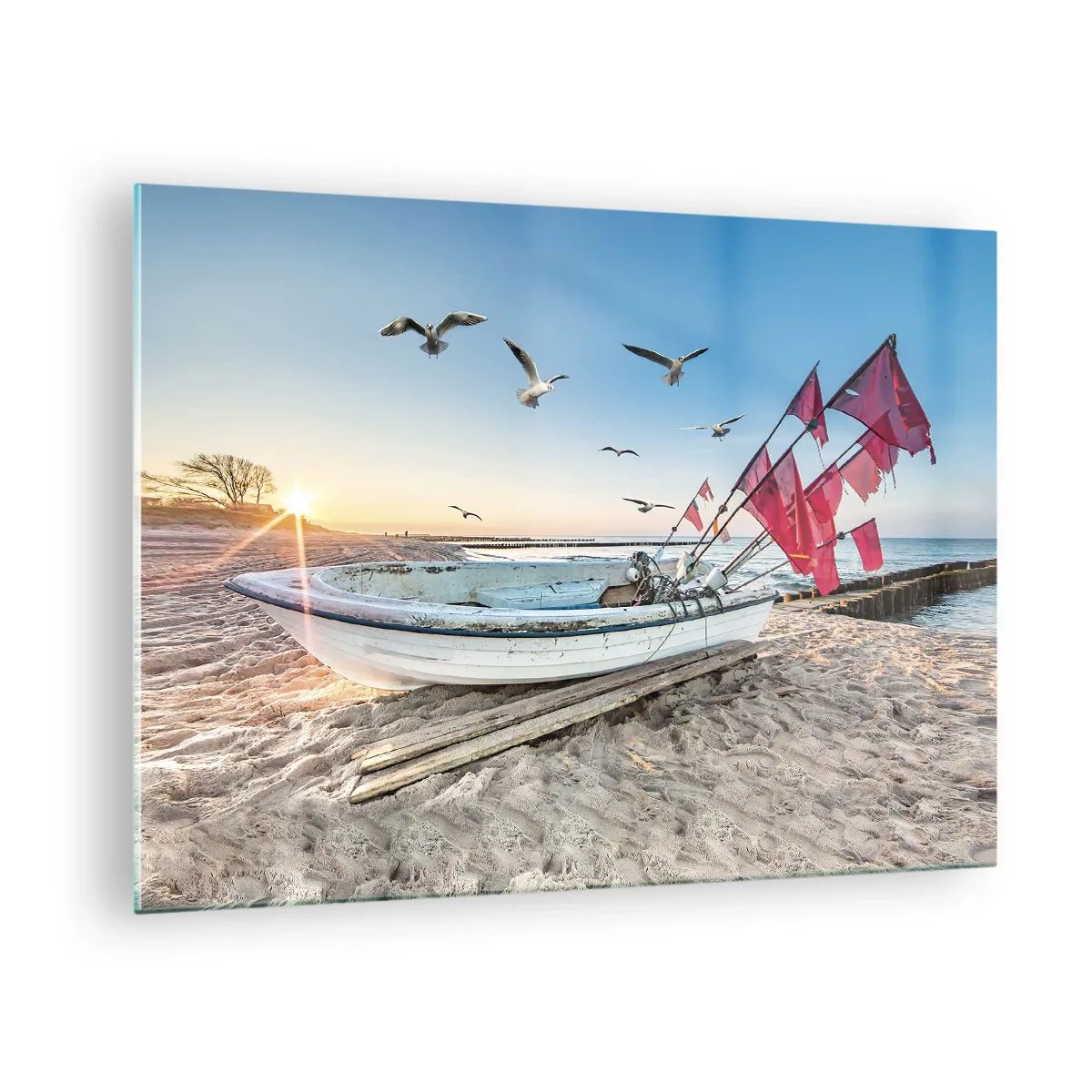 Glastavla - Bild på glas - Fiskebåt på stranden vid soluppgången - 70x50cm - Välförtjänt vila - Modern väggdekoration för vardagsrum och sovrum ARTTOR