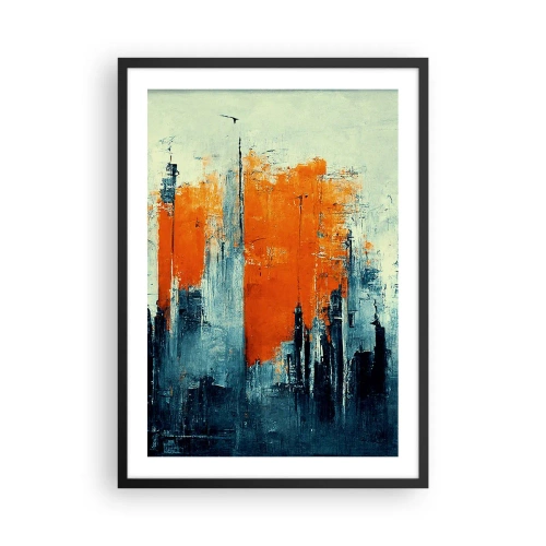 Affisch i svart ram - Abstrakt stadspanorama i nyanser av orange och marinblått - 50x70cm - Modernt landskap - Modern väggdekoration för vardagsrum och sovrum ARTTOR