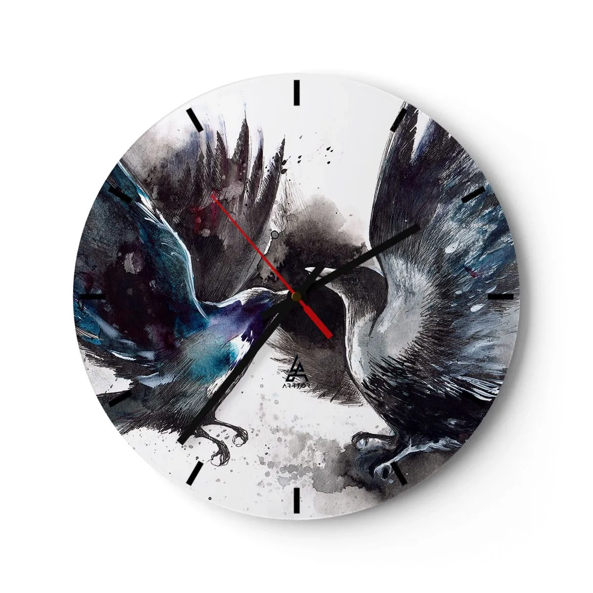 Väggklocka - Klocka på glas - Konstnärlig representation av två korpar i en dynamisk pose - 30x30cm - Som två korpar... - Modern väggdekoration för vardagsrum, kök och sovrum ARTTOR