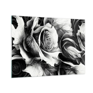 Glastavla - Bild på glas - Svartvitt rosblomsterarrangemang med detaljer - 70x50cm - Alltid drottningen - Modern väggdekoration för vardagsrum och sovrum ARTTOR