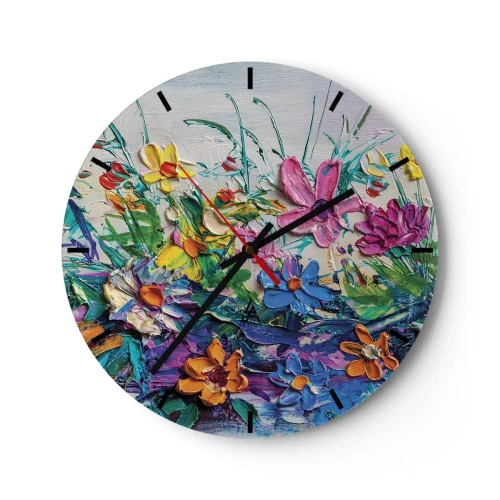 Väggklocka - Klocka på glas - Ett färgglatt blomsterlandskap i impastoteknik - 30x30cm - Icke stilleben - Modern väggdekoration för vardagsrum, kök och sovrum ARTTOR