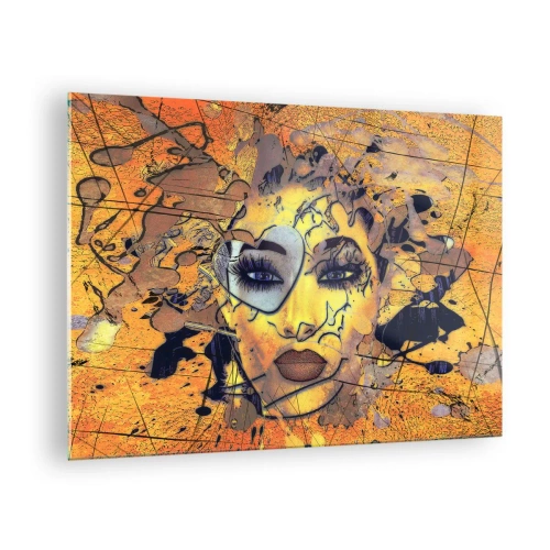 Glastavla - Bild på glas - Abstrakt kvinnans ansikte i gyllene-orange toner - 70x50cm - Solig skönhet - Modern väggdekoration för vardagsrum och sovrum ARTTOR