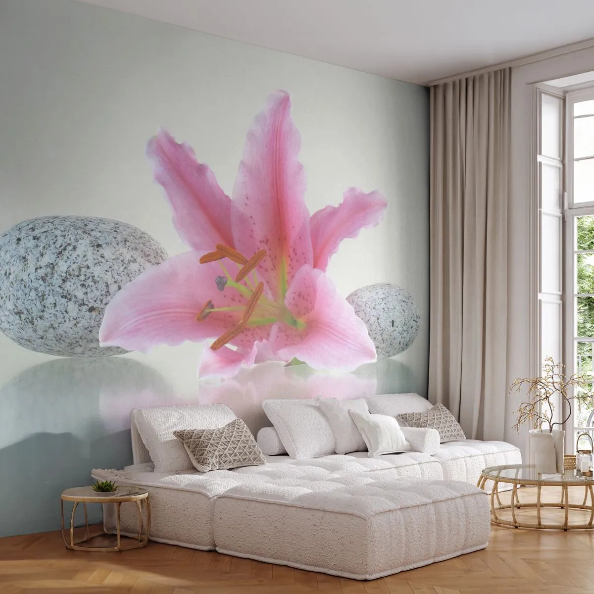 Fototapet Premium Canvas - En studie i rosa, grå och vit - Blommor, Lilja, Stenar - 200x140 cm