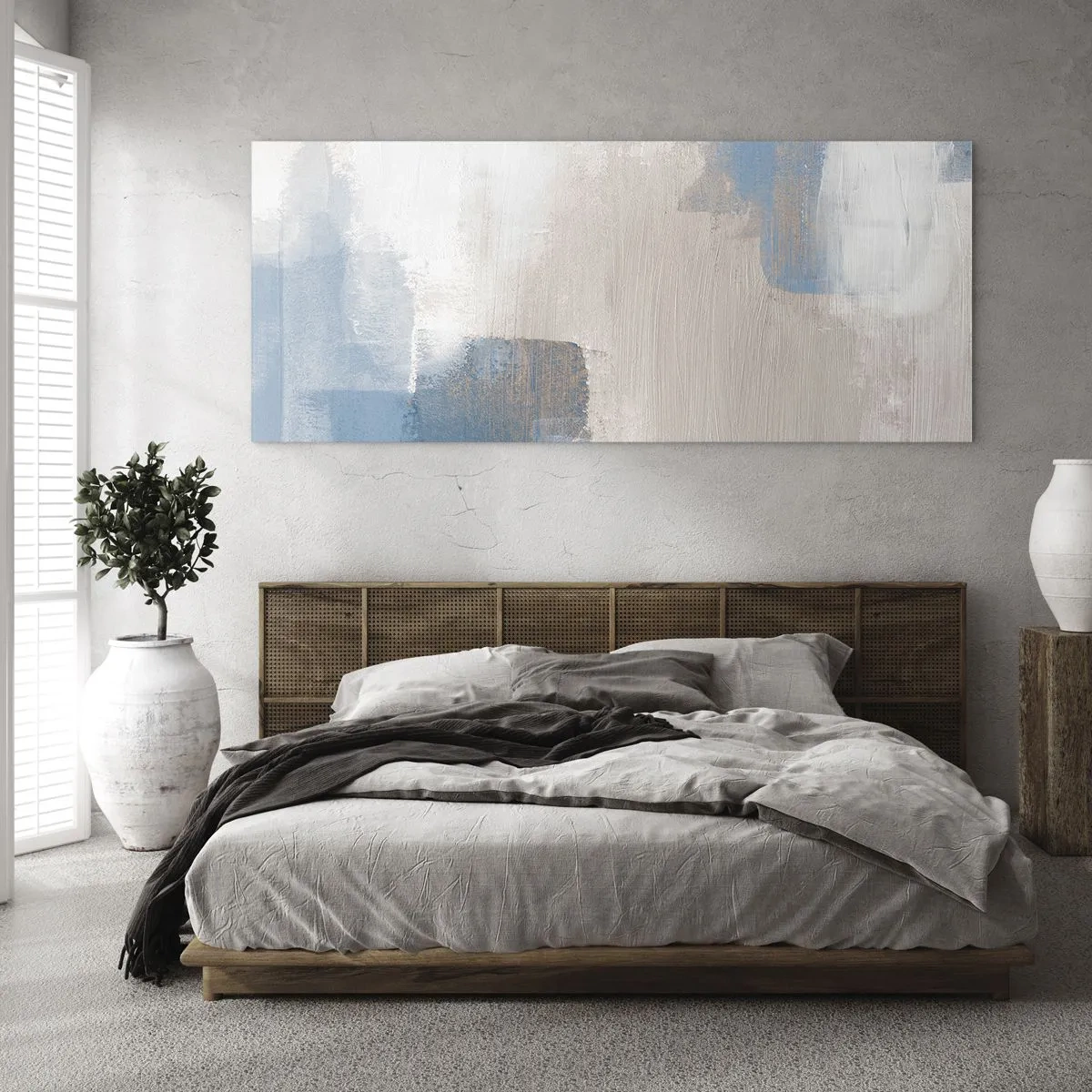 Glastavla - Bild på glas - Rosa abstraktion bakom en blå slöja - 140x50 cm