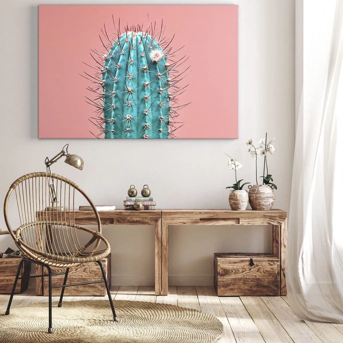 Canvastavla - Bild på duk - En konstnärlig tolkning av en kaktus mot en rosa bakgrund - 70x50cm - Titta bara - Modern väggdekoration för vardagsrum och sovrum ARTTOR