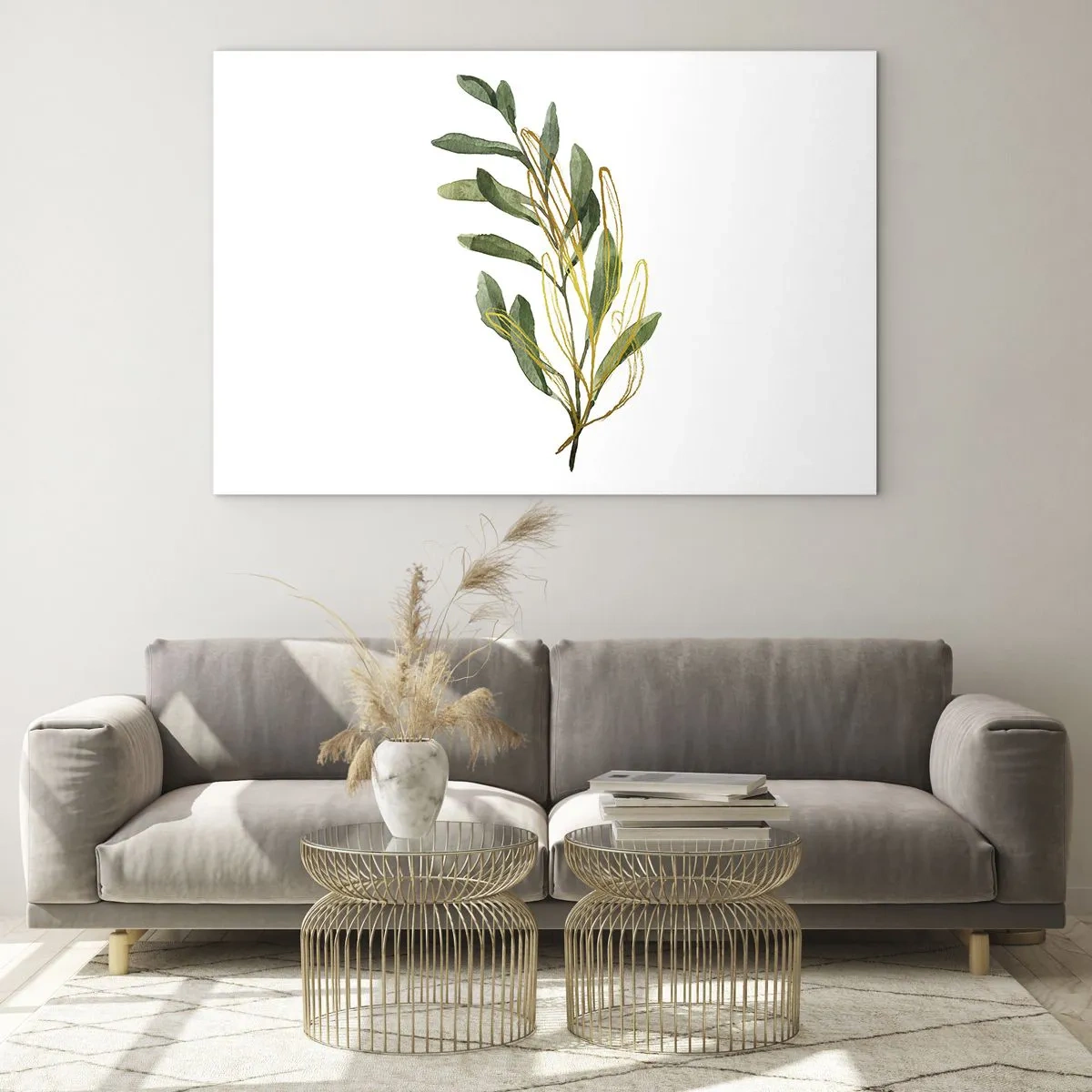 Glastavla - Bild på glas - En grön gren med en delikat guldfärgad accent - 70x50cm - Allt som är gott - Modern väggdekoration för vardagsrum och sovrum ARTTOR