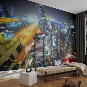 Fototapet Standard Eco - Panorama över staden på natten med upplysta skyskrapor - 100x70cm - Underverk på öknen - Modern väggdekoration för vardagsrum och sovrum ARTTOR