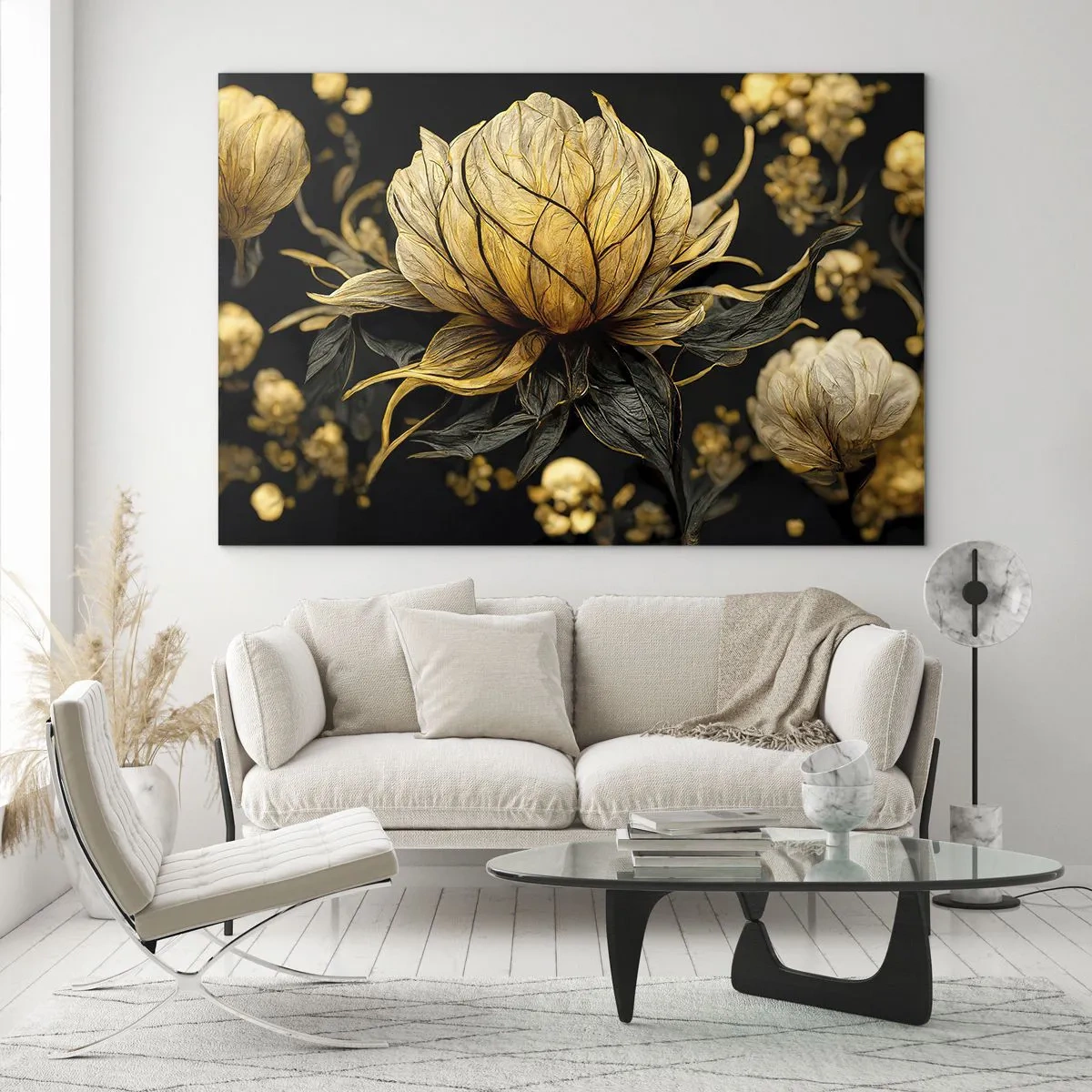 Glastavla - Bild på glas - Gyllene blommor på svart bakgrund i en elegant komposition - 70x50cm - Subtil skörhet - Modern väggdekoration för vardagsrum och sovrum ARTTOR
