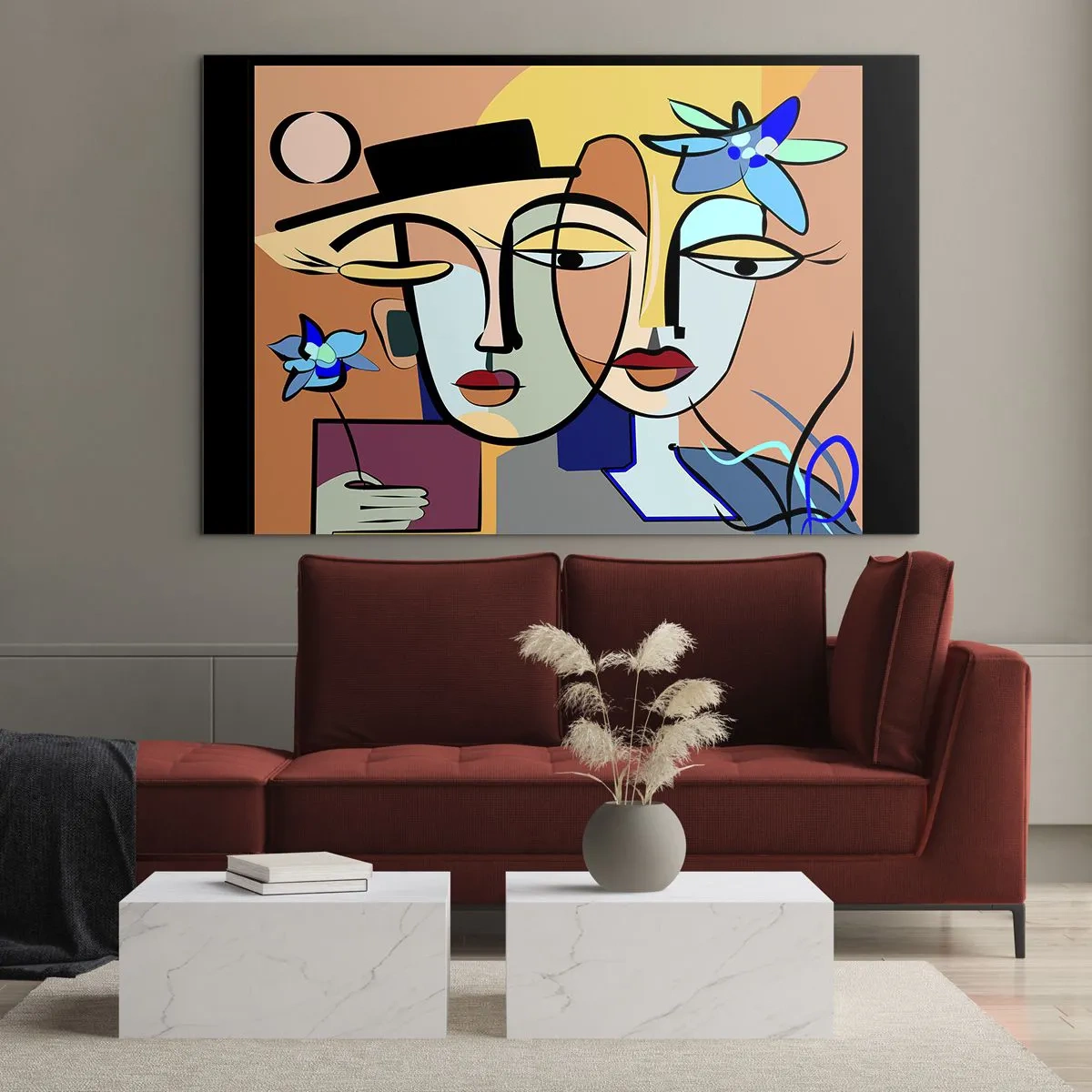 Glastavla - Bild på glas - Färgglada ansikten i kubistisk stil med blommor - 70x50cm - Picassos randez vous - Modern väggdekoration för vardagsrum och sovrum ARTTOR