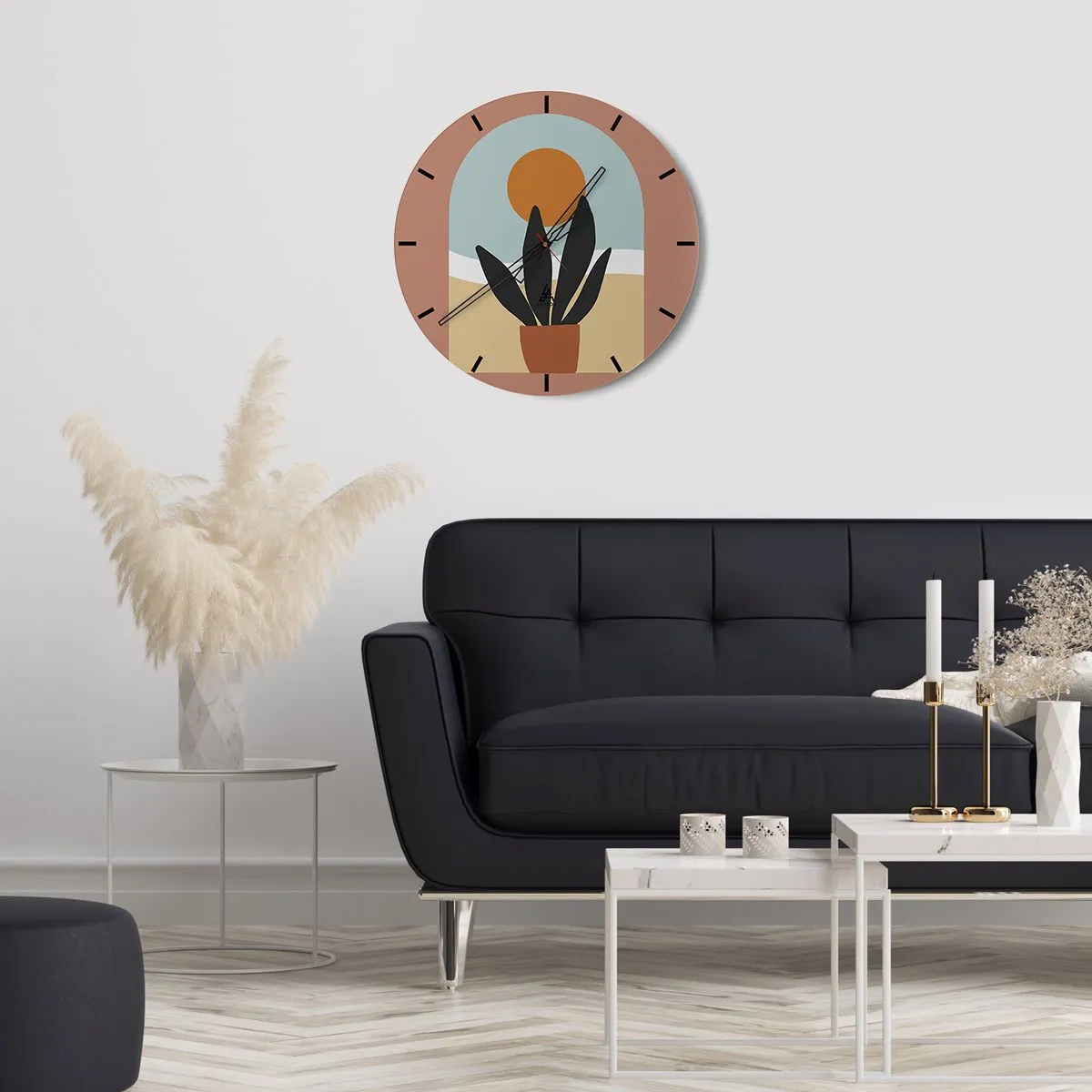 Väggklocka - Klocka på glas - En minimalistisk krukväxt mot solens bakgrund - 30x30cm - Små glädje - Modern väggdekoration för vardagsrum, kök och sovrum ARTTOR