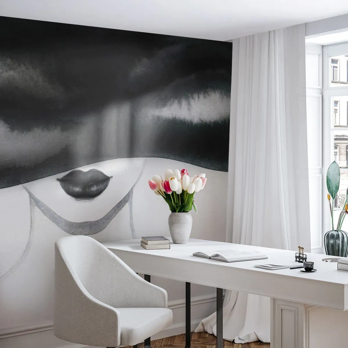 Självhäftande Fototapet Deluxe Sticker - Sensuell hemlighet - Kvinna I En Hatt, Modell, Svartvitt - 350x256 cm