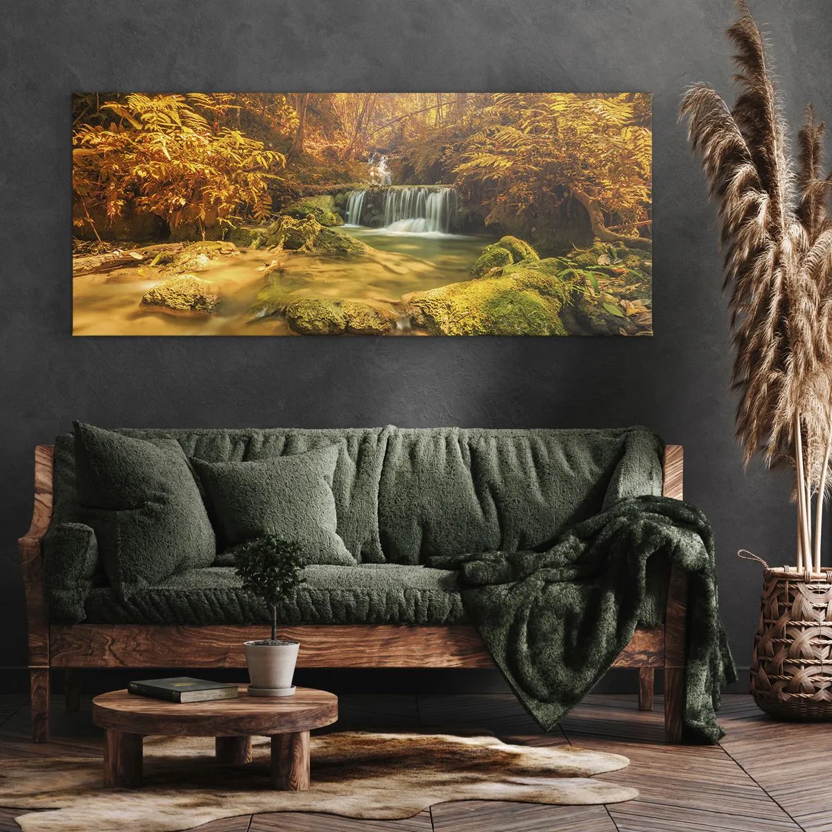 Canvastavla - Bild på duk - Skogkaskad i gult - 100x40 cm