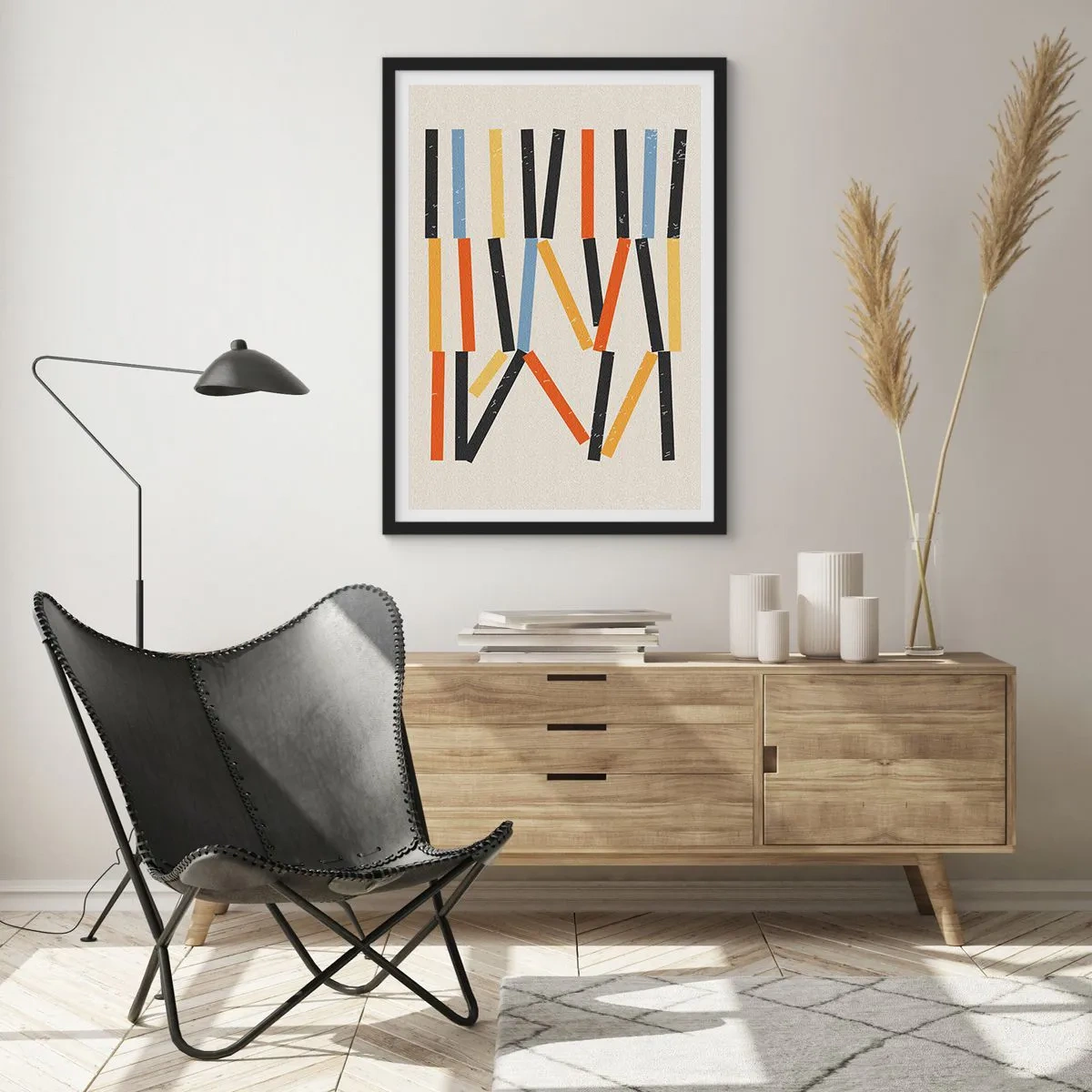 Affisch i svart ram - Färgglad geometrisk abstraktion med vertikala linjer - 50x70cm - Horisontell komposition - Modern väggdekoration för vardagsrum och sovrum ARTTOR