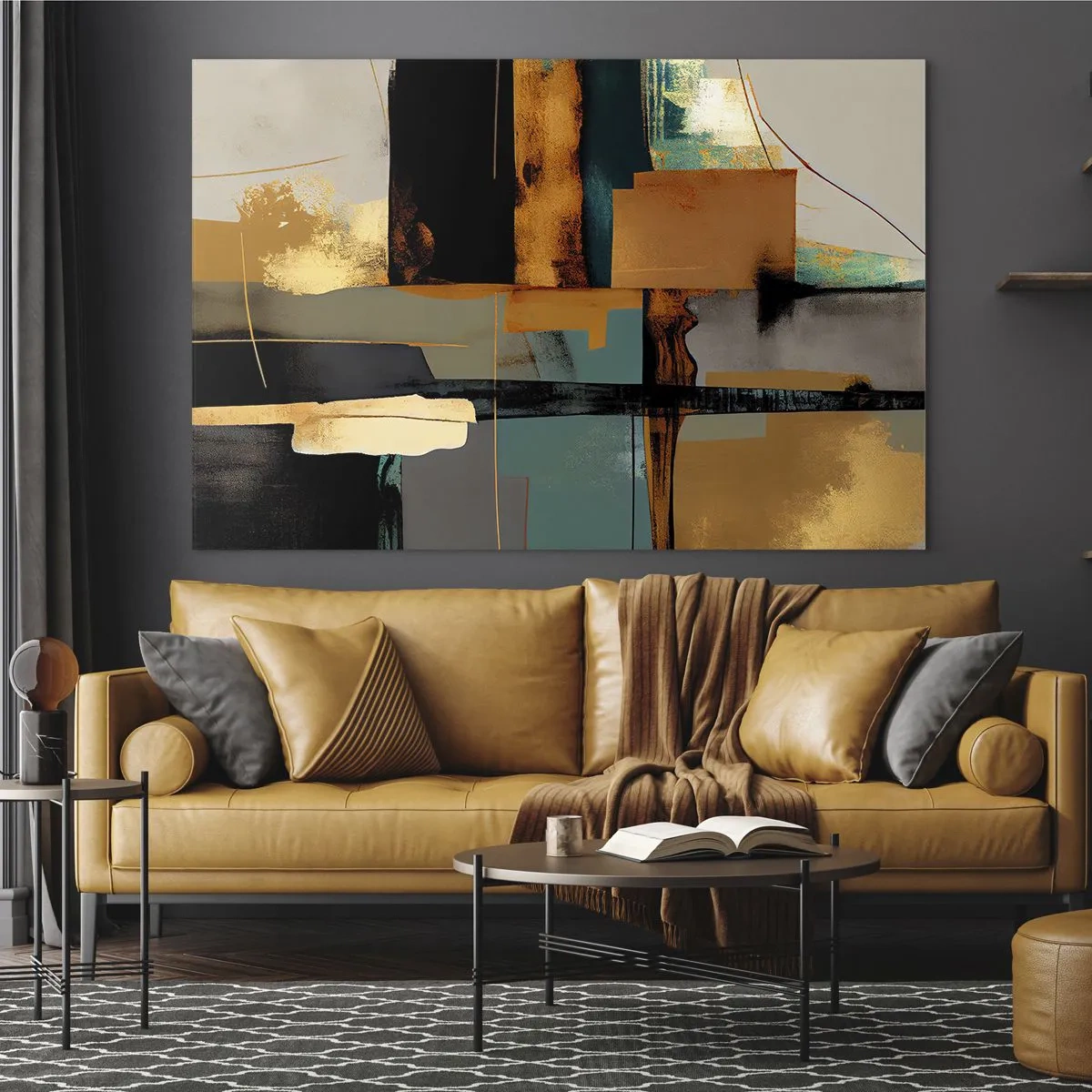 Glastavla - Bild på glas - Modern abstraktion med kontrasterande guld, svart och turkos - 70x50cm - Abstraktion - ljus och skugga - Modern väggdekoration för vardagsrum och sovrum ARTTOR