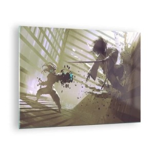 Glastavla - Bild på glas - Samurajduell i en dynamisk scen - 70x50cm - Du kan också bli samuraj - Modern väggdekoration för vardagsrum och sovrum ARTTOR