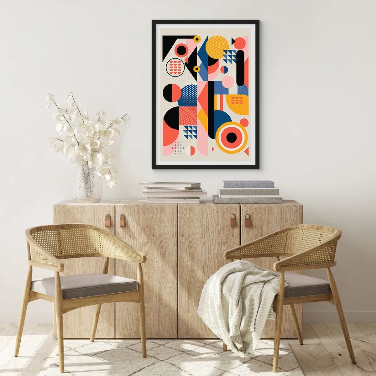 Affisch i svart ram - Färgglad geometrisk abstraktion med dynamiska former - 50x70cm - Komposition: Lek - Modern väggdekoration för vardagsrum och sovrum ARTTOR