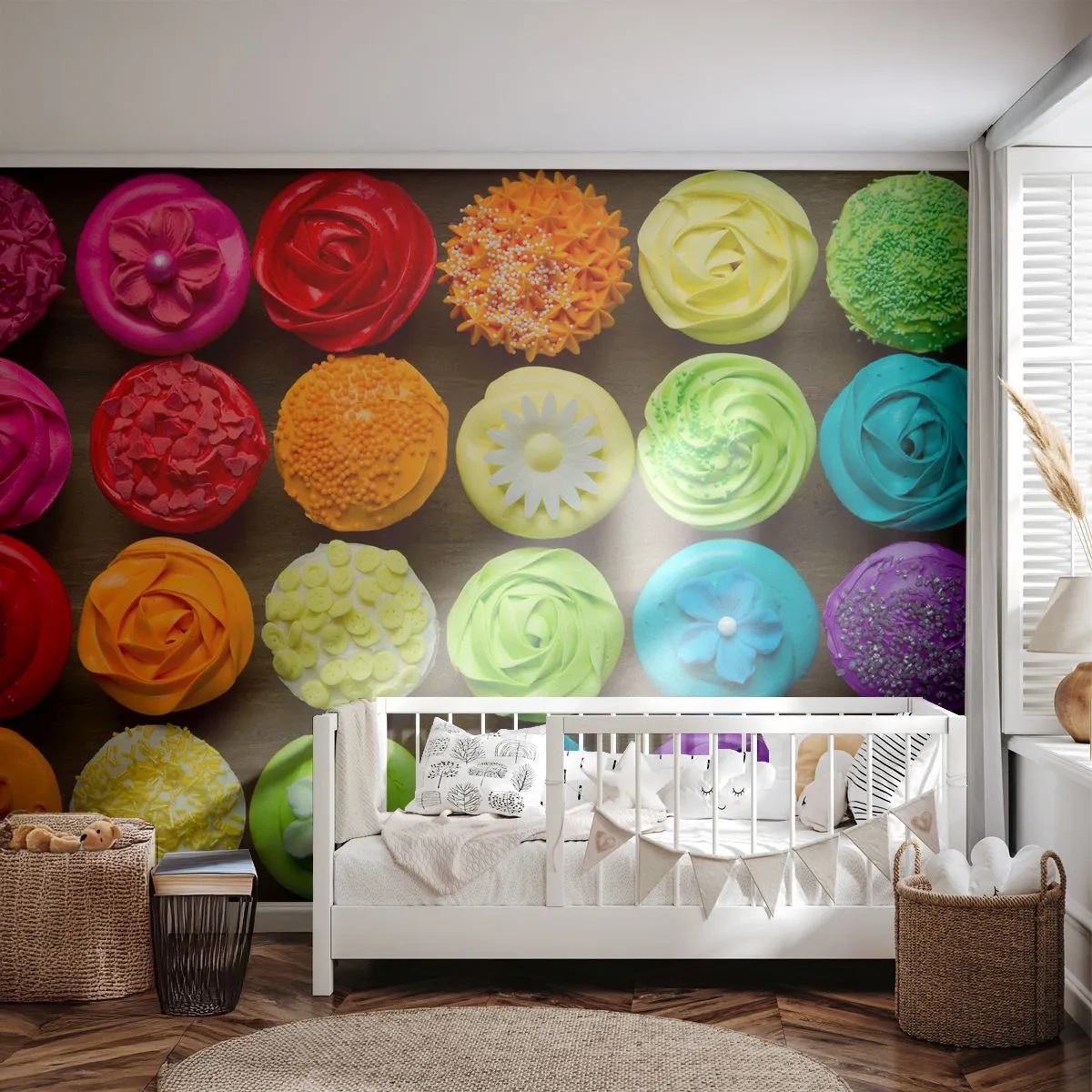 Fototapet Premium Sand - Alla olika - alla goda - Gastronomi, färgglada kakor, 3D - 450x315 cm