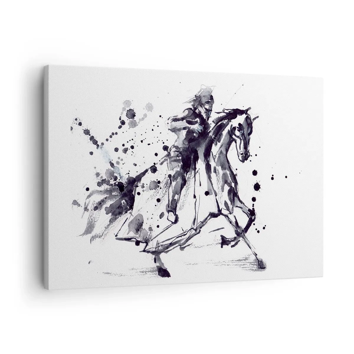 Canvastavla - Bild på duk - Svartvit akvarell av en ryttare på en galopperande häst - 70x50cm - Svart riddare - Modern väggdekoration för vardagsrum och sovrum ARTTOR