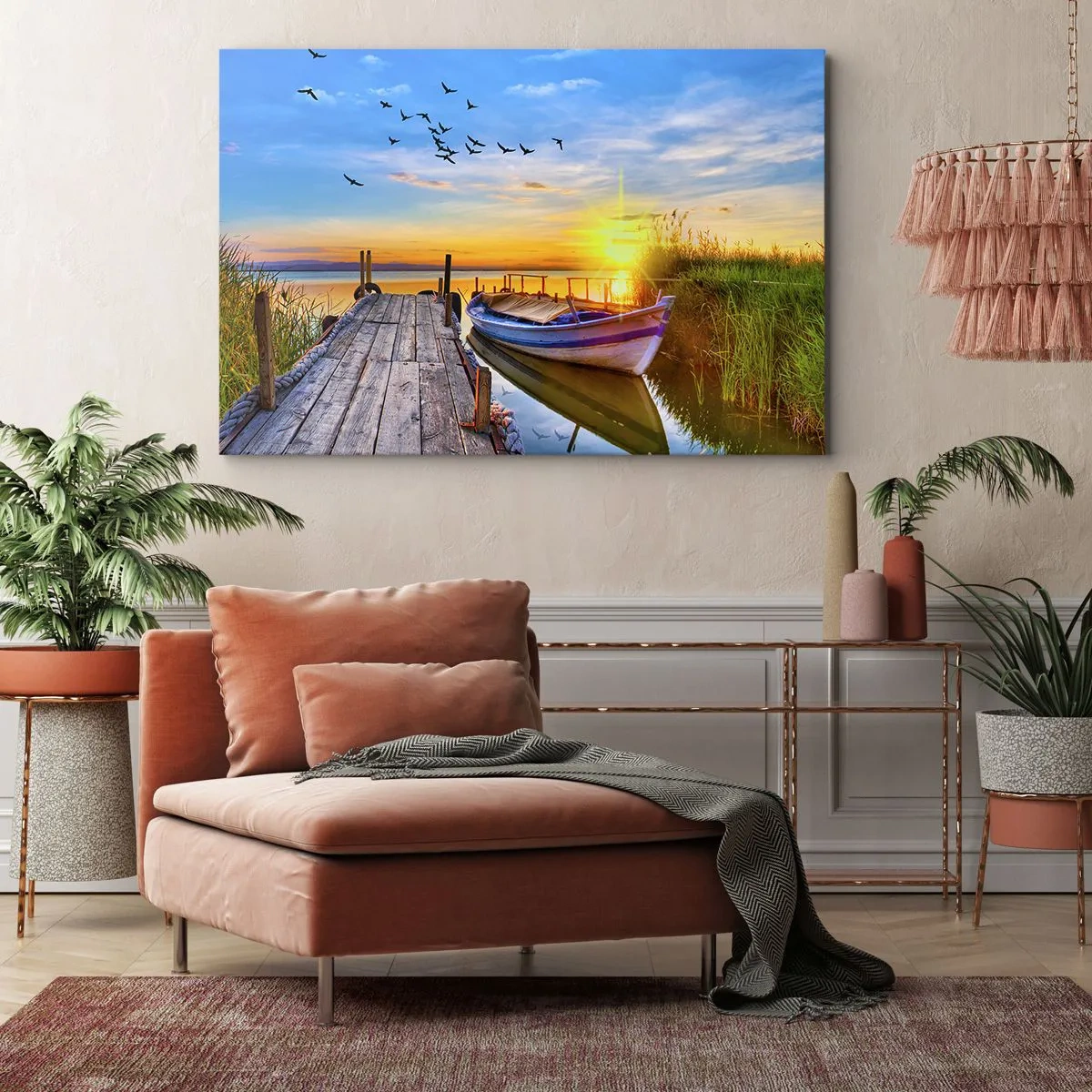 Canvastavla - Bild på duk - En båt vid en träpir i solnedgången - 70x50cm - Adjö, vi ses imorgon - Modern väggdekoration för vardagsrum och sovrum ARTTOR