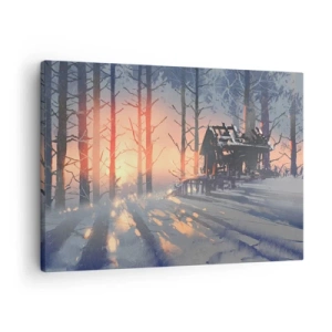 Canvastavla - Bild på duk - En skogstuga i ett vinterlandskap med solnedgångens strålar - 70x50cm - det är bara solen som tittar in här - Modern väggdekoration för vardagsrum och sovrum ARTTOR