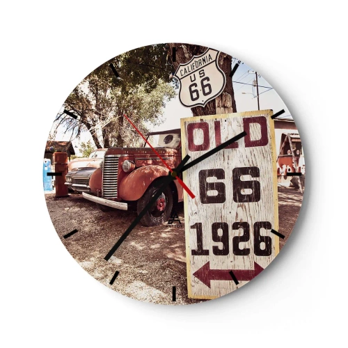 Väggklocka - Klocka på glas - En veteranbil framför en Route 66-skylt och en träplakett. - 30x30cm - Amerikanska provinsens legend - Modern väggdekoration för vardagsrum, kök och sovrum ARTTOR
