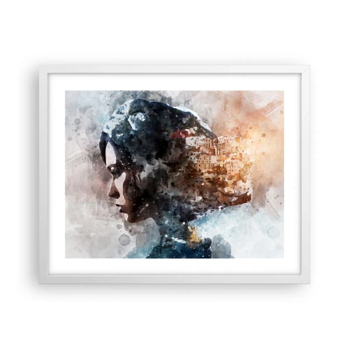 Affisch i vit ram - Berättelse om en tjej med en stad i bakgrunden - 50x40 cm