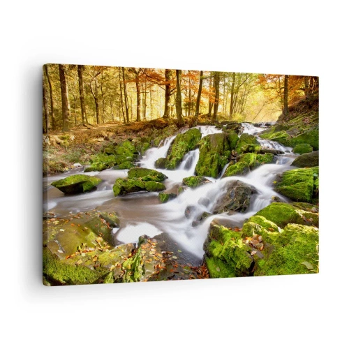 Canvastavla - Bild på duk - Ett skogslandskap med ett vattenfall omgivet av mossa - 70x50cm - Kvickt genom höstskogen - Modern väggdekoration för vardagsrum och sovrum ARTTOR
