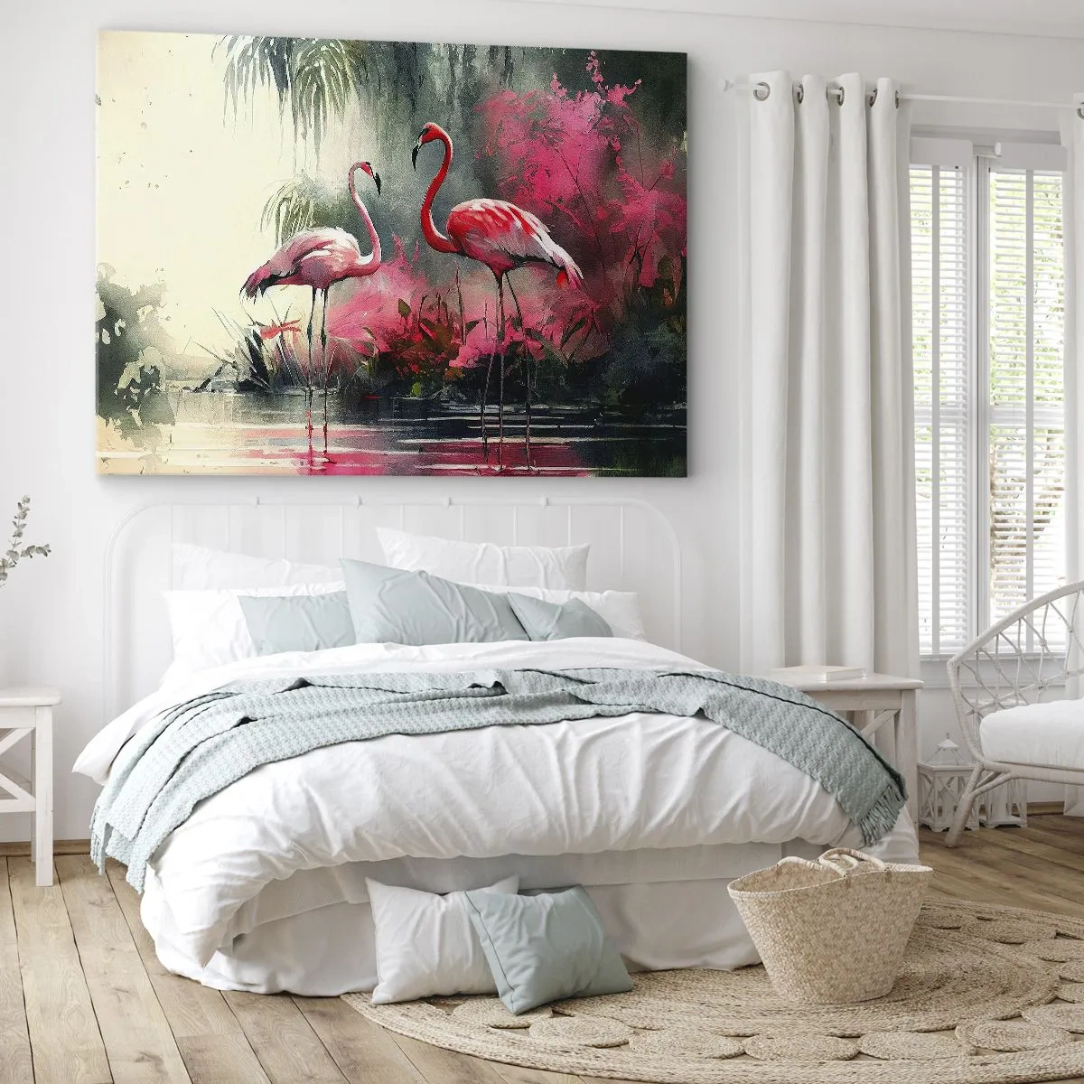 Canvastavla - Bild på duk - Flamingos vid vattnet omgivna av vegetation - 70x50cm - En lektion i naturlig charm - Modern väggdekoration för vardagsrum och sovrum ARTTOR