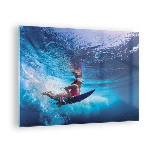 Glastavla - Bild på glas - En undervattensscen med en surfare i dynamisk action - 70x50cm - Glädjens djup - Modern väggdekoration för vardagsrum och sovrum ARTTOR