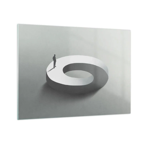 Glastavla - Bild på glas - En minimalistisk silhuett av en man på en vit ring - 70x50cm - Och försök att vara klok - Modern väggdekoration för vardagsrum och sovrum ARTTOR