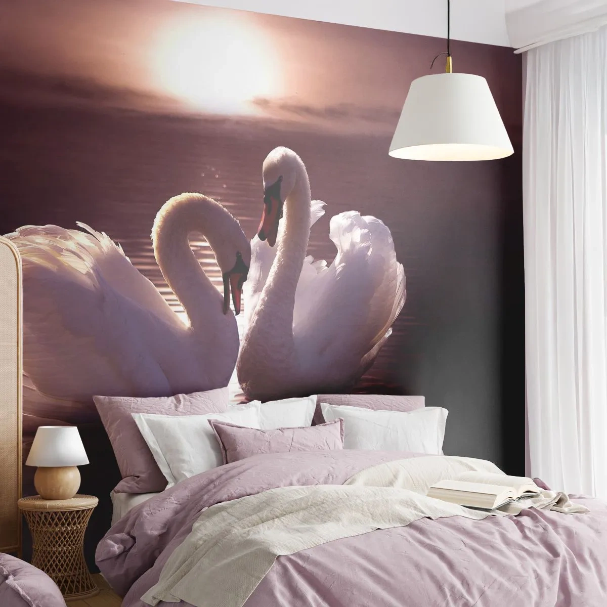 Fototapet Standard Eco - Två svanar vid solnedgången reflekteras i vattnet - 100x70cm - Tills döden skiljer oss - Modern väggdekoration för vardagsrum och sovrum ARTTOR