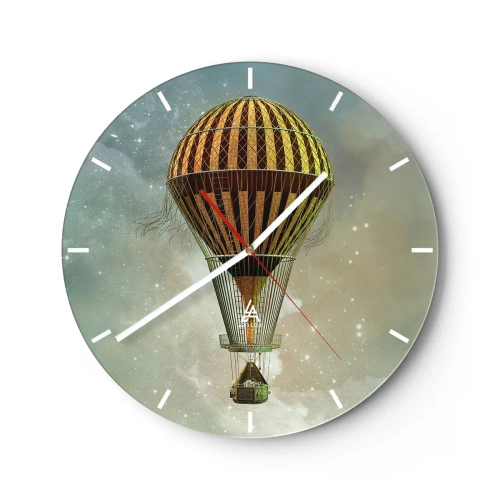 Väggklocka - Klocka på glas - En stiliserad ballong som svävar över en stjärnklar himmel med retrokänsla. - 30x30cm - Banbrytande flygningar - Modern väggdekoration för vardagsrum, kök och sovrum ARTTOR
