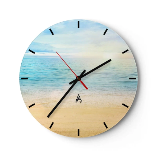 Väggklocka - Klocka på glas - En lugn strand med azurblått hav och klar himmel - 30x30cm - Det stora blåa - Modern väggdekoration för vardagsrum, kök och sovrum ARTTOR