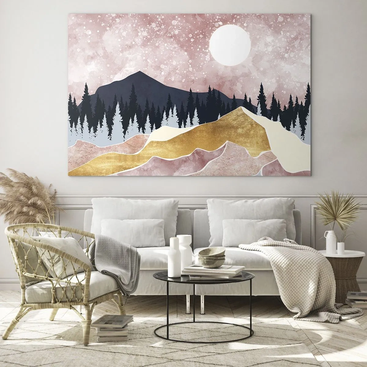 Glastavla - Bild på glas - Berg och skog i månskenet mot en rosa himmel - 70x50cm - Nattvakt - Modern väggdekoration för vardagsrum och sovrum ARTTOR