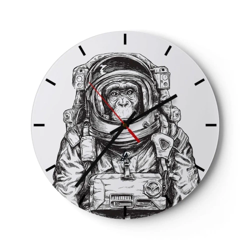 Väggklocka - Klocka på glas - En svartvit skiss av en apa-astronaut. - 30x30cm - Alternativ evolution - Modern väggdekoration för vardagsrum, kök och sovrum ARTTOR