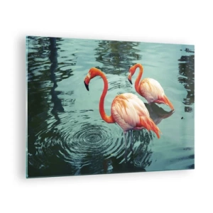 Glastavla - Bild på glas - Flamingos på vattnet i en harmonisk komposition - 70x50cm - Nu är vi på modet - Modern väggdekoration för vardagsrum och sovrum ARTTOR