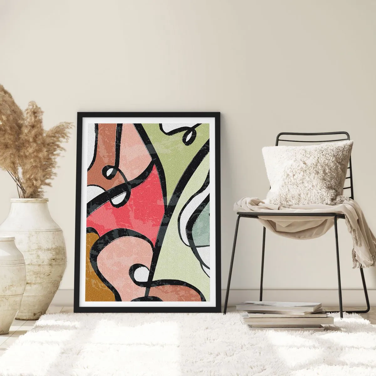 Affisch i svart ram - Färgglad abstraktion med svarta konturer - 50x70cm - Pirouetter bland färger - Modern väggdekoration för vardagsrum och sovrum ARTTOR