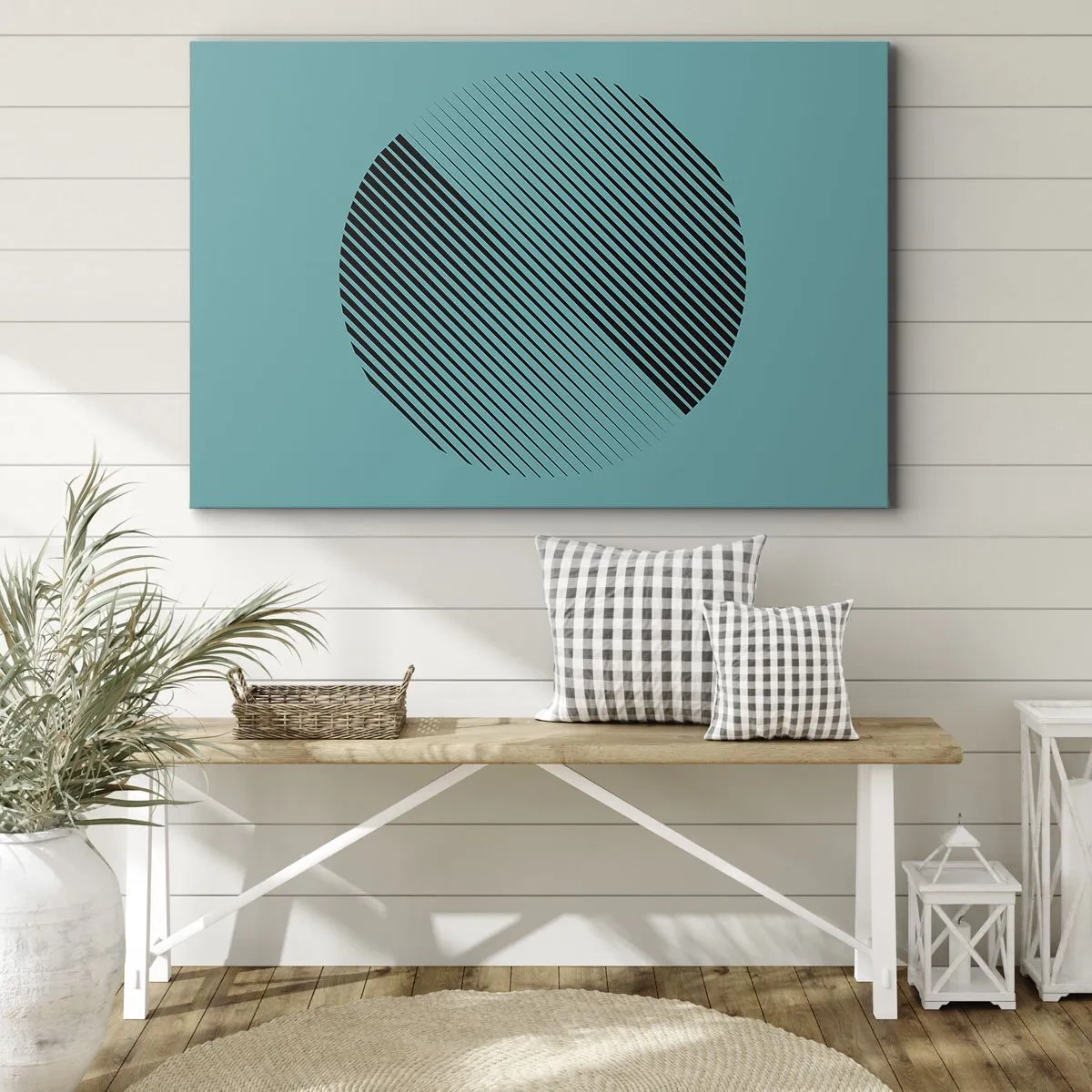 Canvastavla - Bild på duk - En minimalistisk cirkel med linjer på en turkos bakgrund. - 70x50cm - Cirkeln - en geometrisk variation - Modern väggdekoration för vardagsrum och sovrum ARTTOR