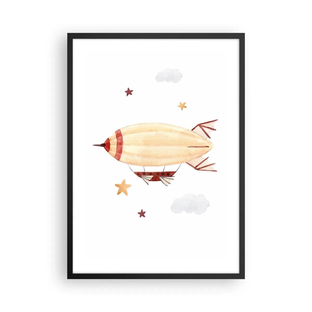 Affisch i svart ram - Ett akvarellluftskepp som svävar bland stjärnorna och molnen. - 50x70cm - Luftskepp - Modern väggdekoration för vardagsrum och sovrum ARTTOR