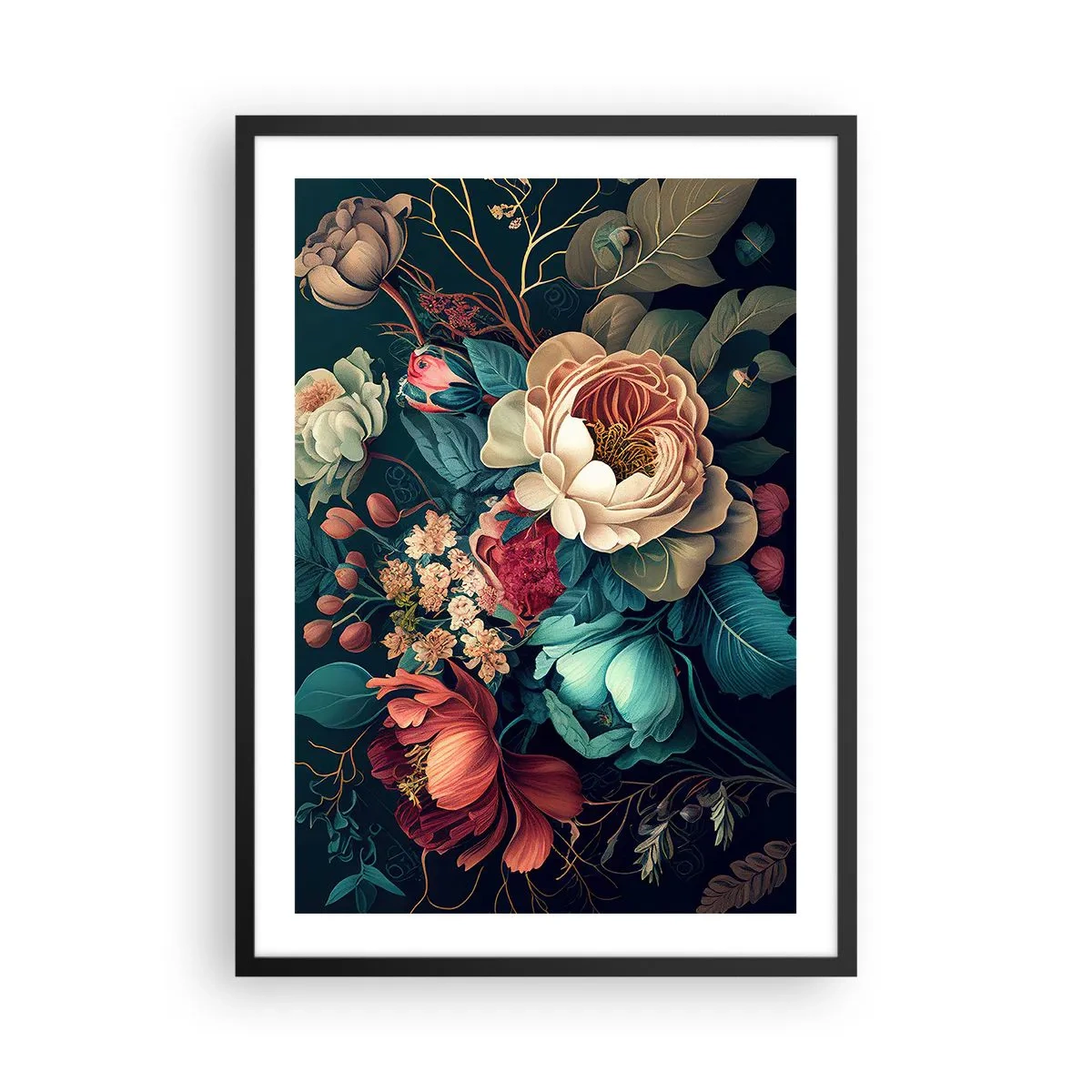 Affisch i svart ram - En blombukett i barockstil mot en mörk bakgrund - 50x70cm - Charm från 1800-talet - Modern väggdekoration för vardagsrum och sovrum ARTTOR
