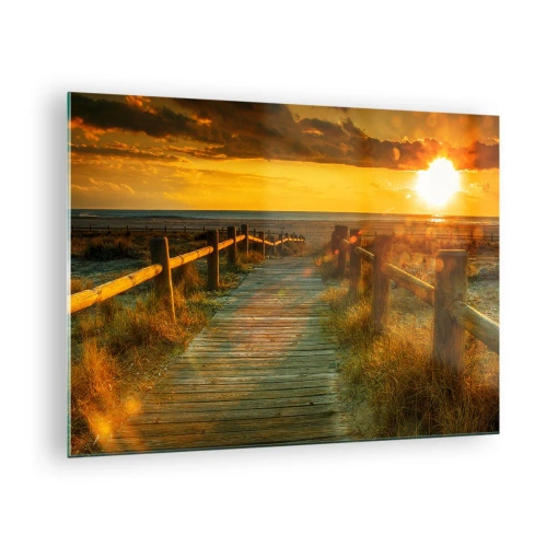 Glastavla - Bild på glas - En trästig som leder mot solnedgången - 70x50cm - Doppade i gammalt guld - Modern väggdekoration för vardagsrum och sovrum ARTTOR