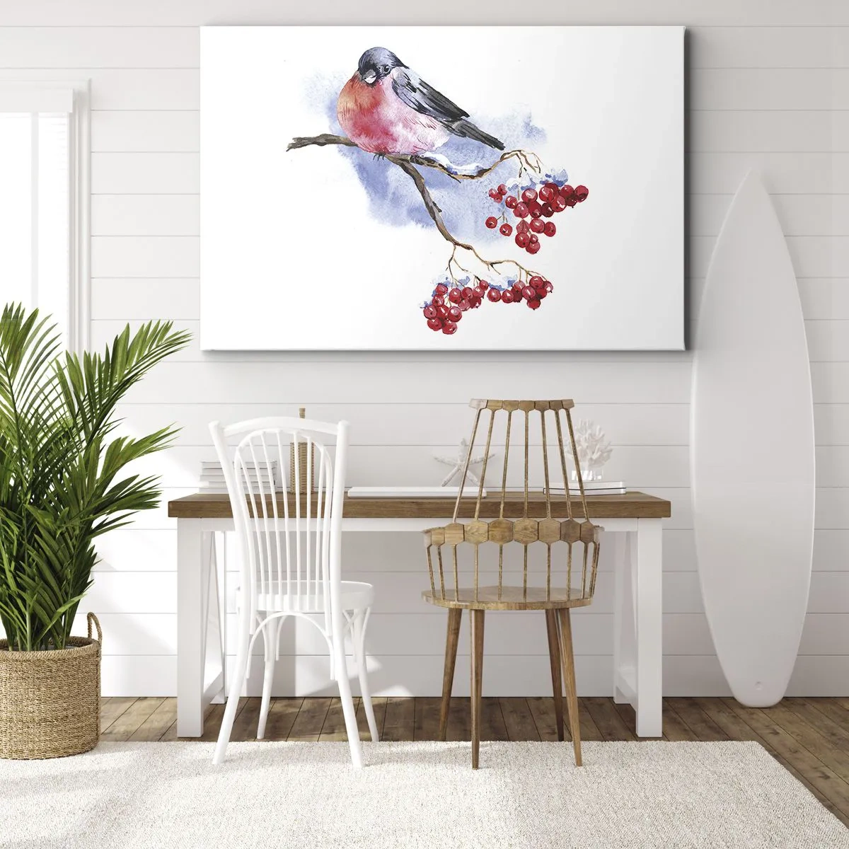 Canvastavla - Bild på duk - Fågel på en gren med röd frukt i akvarellbakgrunden - 70x50cm - Vinter i färger - Modern väggdekoration för vardagsrum och sovrum ARTTOR
