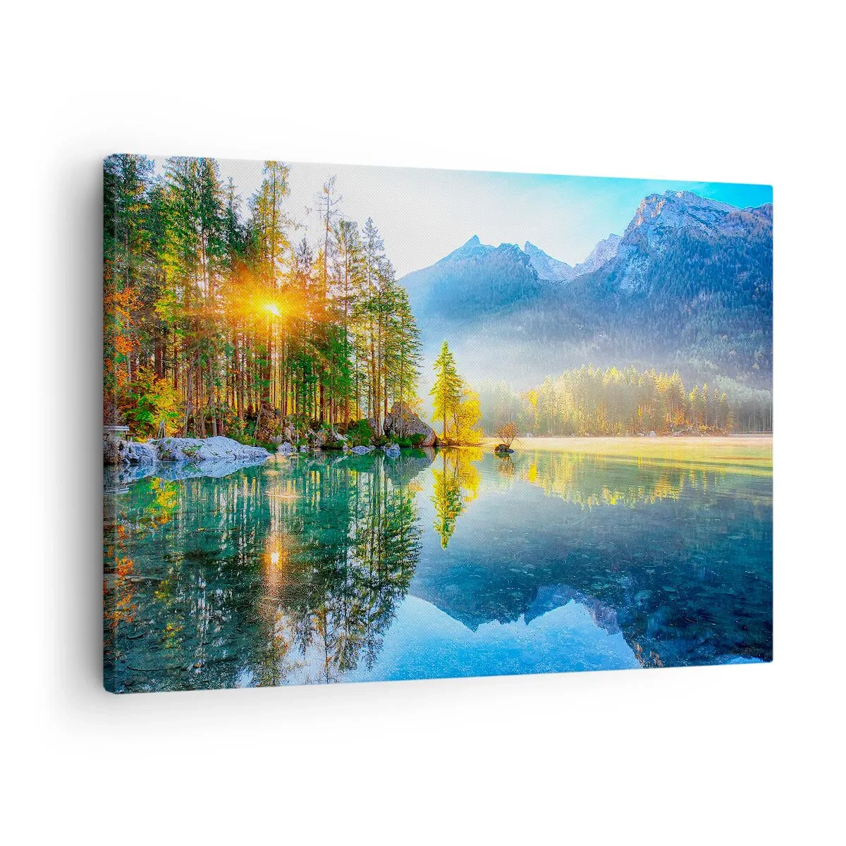 Canvastavla - Bild på duk - En sjö omgiven av berg och skog i solens strålar - 70x50cm - Majestät och sötma - Modern väggdekoration för vardagsrum och sovrum ARTTOR