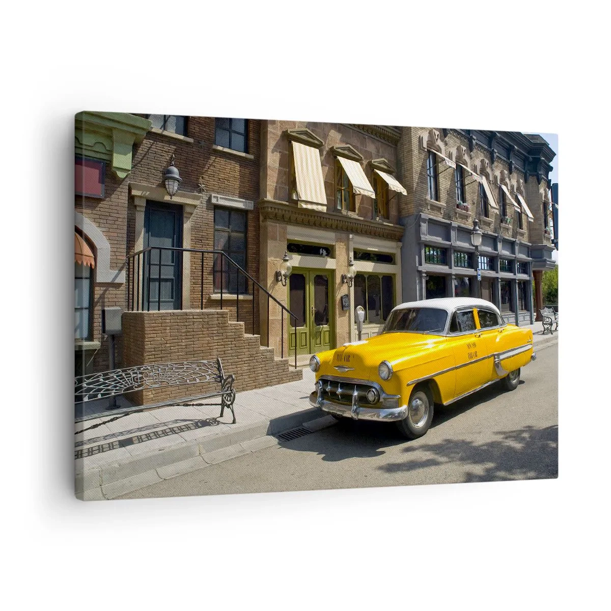 Canvastavla - Bild på duk - En gul taxi på en gata kantad med hyreshus - 70x50cm - Once Upon a Time in America - Modern väggdekoration för vardagsrum och sovrum ARTTOR