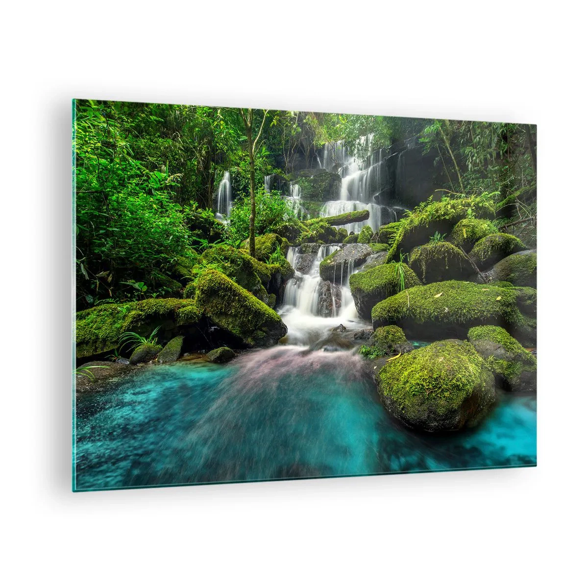 Glastavla - Bild på glas - Ett exotiskt vattenfall omgivet av frodig grönska och turkost vatten - 70x50cm - Turkos, safir och flytande silver - Modern väggdekoration för vardagsrum och sovrum ARTTOR