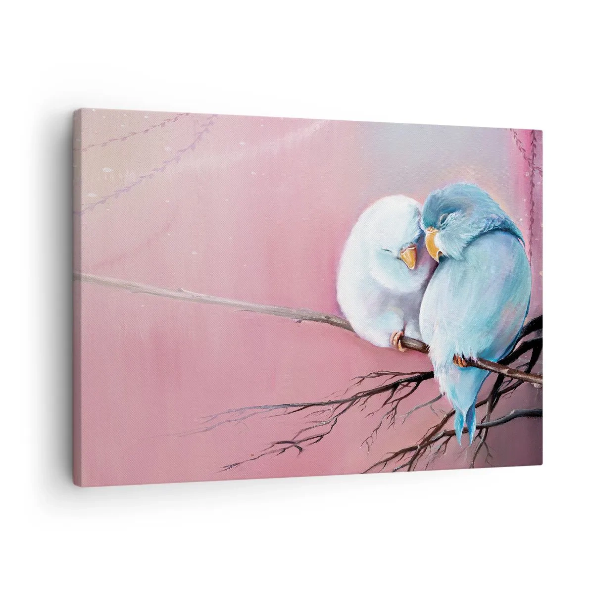 Canvastavla - Bild på duk - Två förälskade fåglar på en gren mot en rosa bakgrund - 70x50cm - Lägga till något?… - Modern väggdekoration för vardagsrum och sovrum ARTTOR